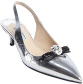 Thumbnail for your product : Prada silver and black metallic leather slingback bow detial kitten pumps