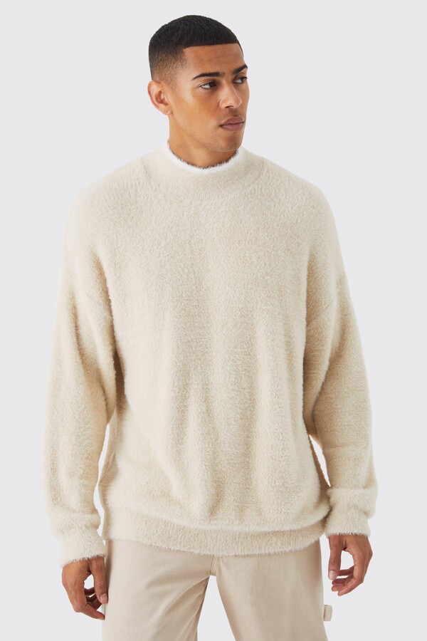 boohoo Mens Beige Oversized Fluffy Funnel Neck Jumper With