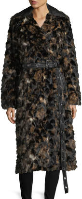 Helmut Lang Tortoise Faux-Fur Shawl-Collar Belted Coat w/ Faux-Leather Trim