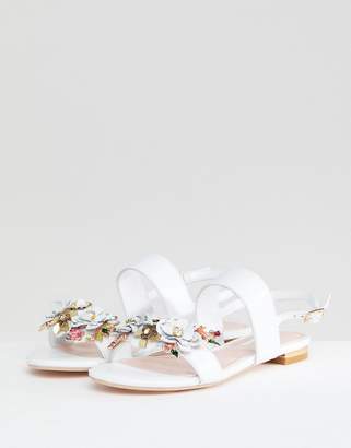Dune Two Part Flat Leather Sandal in White with Flower Embellishment