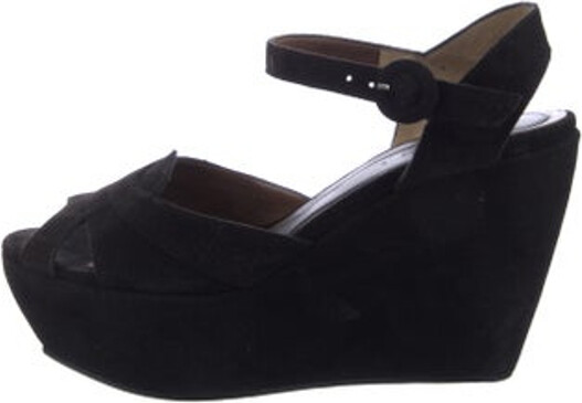 Marni Suede Slingback Pumps Black Square-Toes with Cutout Accent Platform Crossover Straps & Buckle Closure at Ankles