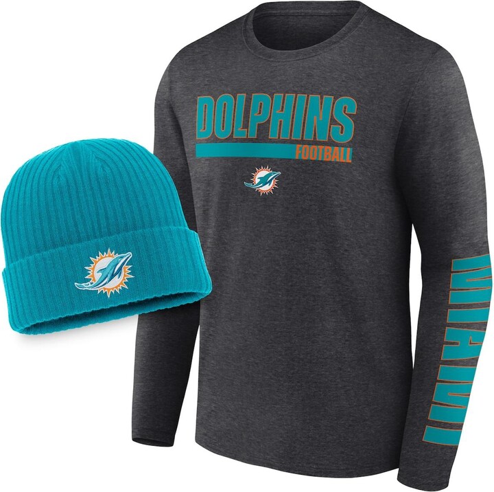 Fanatics Men's Branded Heather Charcoal and Aqua Miami Dolphins Long Sleeve  T-shirt and Cuffed Knit Hat Combo Set - ShopStyle