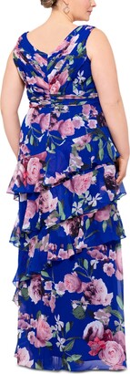 Xscape Evenings Plus Size Tiered Floral-Print Chiffon Long Fit & Flare Dress
