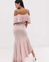 Thumbnail for your product : Flounce London Petite satin stretch midi dress with cold shoulder with frill detail in mauve
