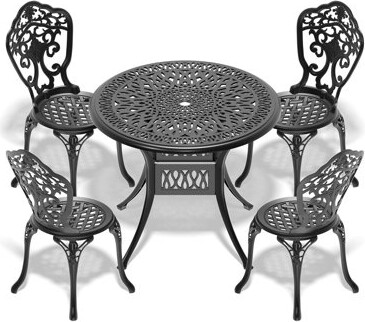 Black Cast Aluminum 5 Outdoor Dining Ensemble. Exquisite Craftsmanship With Intricate Carvings. 100% Construction For Durability. Weather-, , And -. E