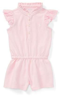 Ralph Lauren Childrenswear Mesh Flutter-Sleeves Romper, Pink, Size 9-24 Months