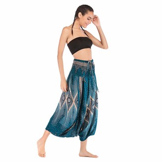 So Buts Women Pants SO-buts Women Dance Thai Harem Trousers Boho Festival Floral Print High Waist Loose Yoga Pants (Green Free Size)