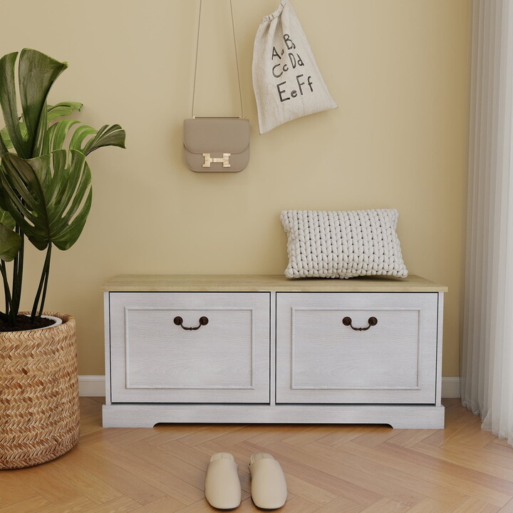 Aukfa Shoe Storage Bench, Shoe Organizer with Adjustable Shelf,Antique White