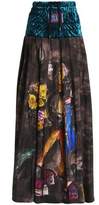 Thumbnail for your product : Stella Jean Velvet-Paneled Pleated Printed Crepe De Chine Maxi Skirt