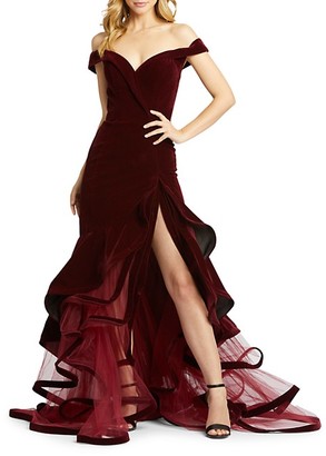 Mac Duggal Tiered Velvet Trumpet Gown - ShopStyle Evening Dresses