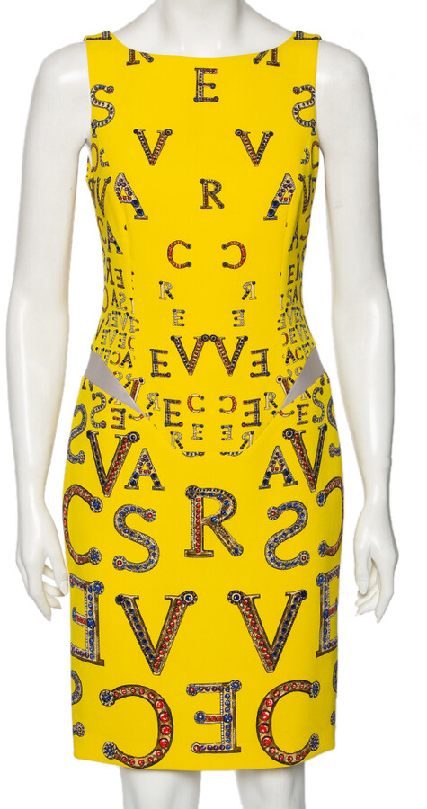 Versace Yellow Printed Silk Leather Trim Detailed Bodycon Dress S -  ShopStyle