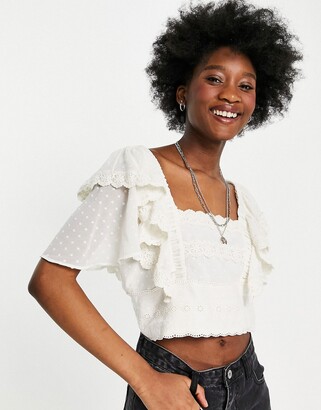 Hope & Ivy broderie frill sleeve crop top in ivory - ShopStyle