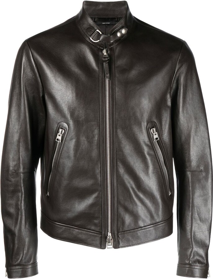 Tom Ford Brown High Neck Leather Jacket - ShopStyle