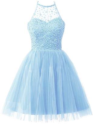 Cdress Homecoming Dresses Short Tulle Cocktail Prom Gowns Junior Evening Party Dress Halter Beads US