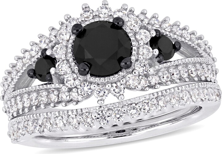 Mimi & Max 2ct TW Black White Diamond 2-Piece Halo Bridal Ring Set 10k White Gold