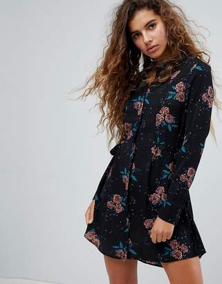 Fashion Union High Neck Dress With Tie Waist In Vintage Floral