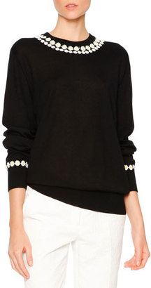 Dolce & Gabbana Daisy-Applique Long-Sleeve Sweater, Black/White/Yellow