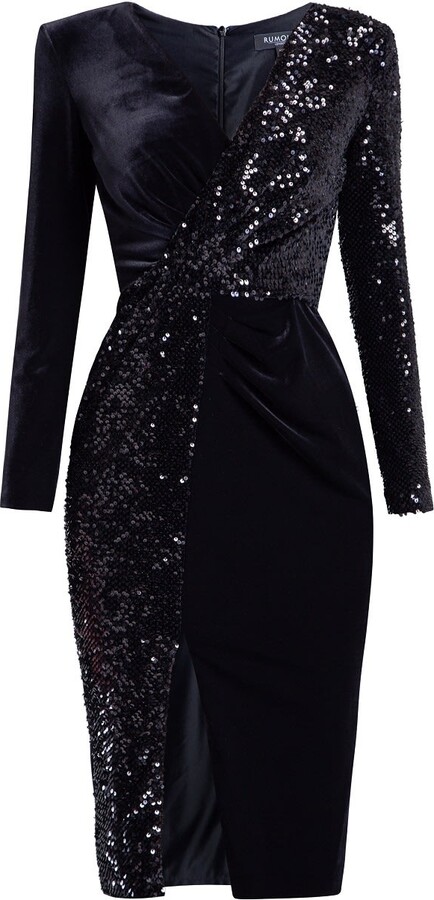 Rumour London Black Seraphine Sequined Velvet Dress With V-Neckline And Draped Detail