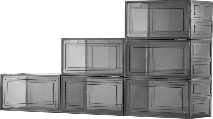KFFKFF Set of 6 Clear Stackable Shoe Storage Boxes with Magnetic Doors, Fits Up to US Size 13, Plastic Organizers for Sneakers, High Heels, Boots, and Hats, Transparent Black