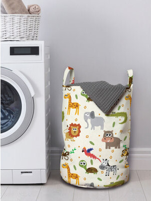 East Urban Home Cartoon Animal Laundry Bag, Australian Childish Fauna Silly Faces Safari Lion Crocodile, Hamper Basket With Handles Drawstring Closure For Laundromats