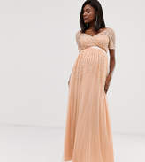 Thumbnail for your product : Maya Maternity mesh all over scattered sequin pleated maxi dress in soft peach