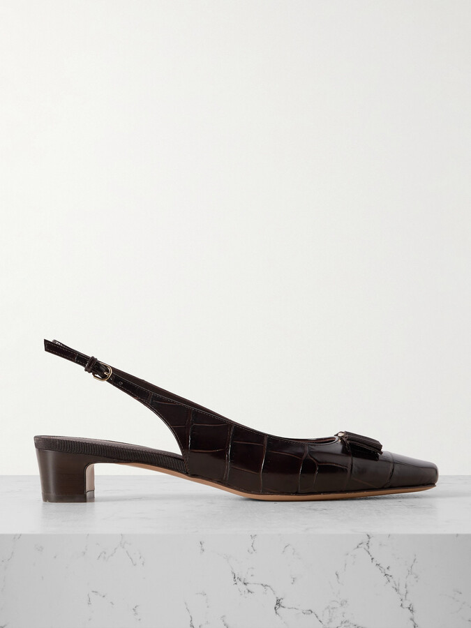 Ferragamo Rivada Bow-embellished Croc-effect Leather Sling-back Pumps - Brown