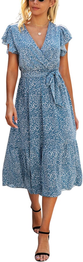 NWT Angie Blue Floral Front Tie Flutter Sleeve Summer Fall Boho Dress S/M/L