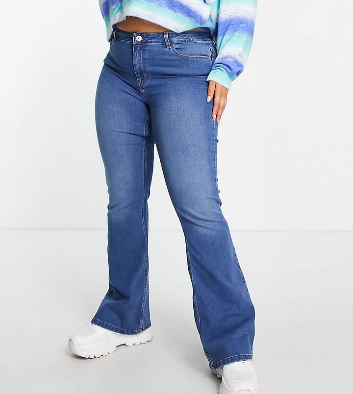 Pieces Plus Pieces Curve Peggy high waisted flared jeans in mid wash blue -  ShopStyle