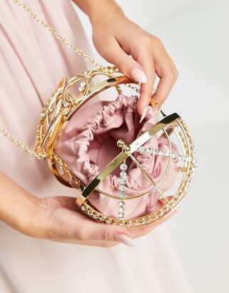 ASOS DESIGN cage sphere clutch bag in gold chain