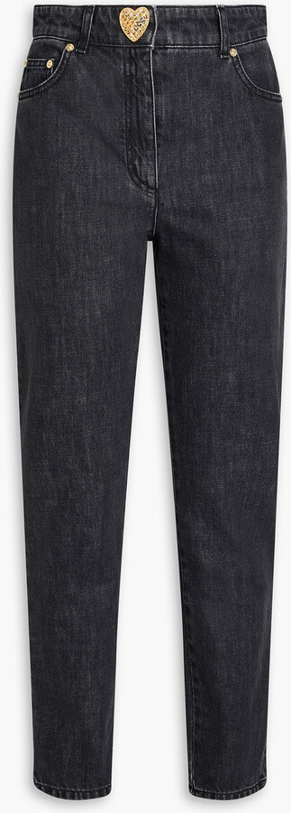 Button-embellished high-rise slim-leg jeans