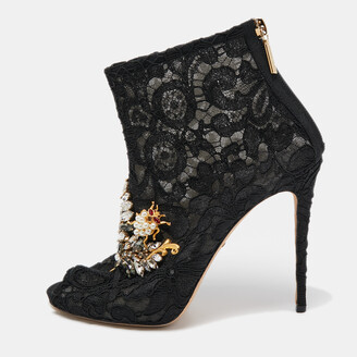 Dolce & Gabbana Black Lace Crystal Embellished Peep Toe Booties Size 37.5