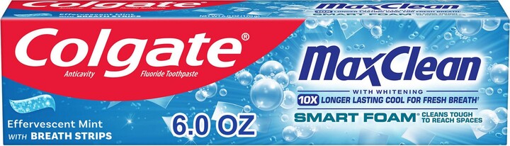 Colgate Max Clean SmartFoam with Whitening Toothpaste, Effervescent Mint, 6 OZ
