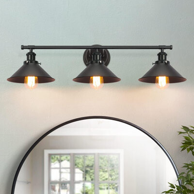 Breakwater Bay Bathroom Vanity Light Fixtures,Farmhouse Wall Sconce Industrial Kitchen Wall Lighting With Matte Black Cone Metal Shade (3 Light)