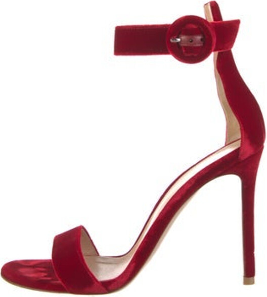 Gianvito Rossi Velvet Sandals Red Leather Trim Wrap-Around Straps & Buckle Closure at Ankles Includes Dust Bag