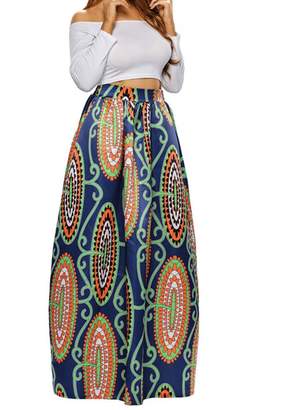 Kalin L Women Deluxe African Print Color Block Contrast High Waist Maxi Flared Circle Skirt