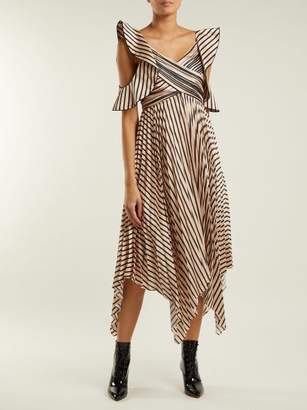 Self-Portrait Asymmetric Striped Satin Dress - Womens - Black Gold