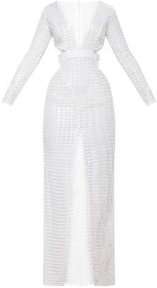PrettyLittleThing White Metallic Detailed Cut Out Plunge Maxi Dress