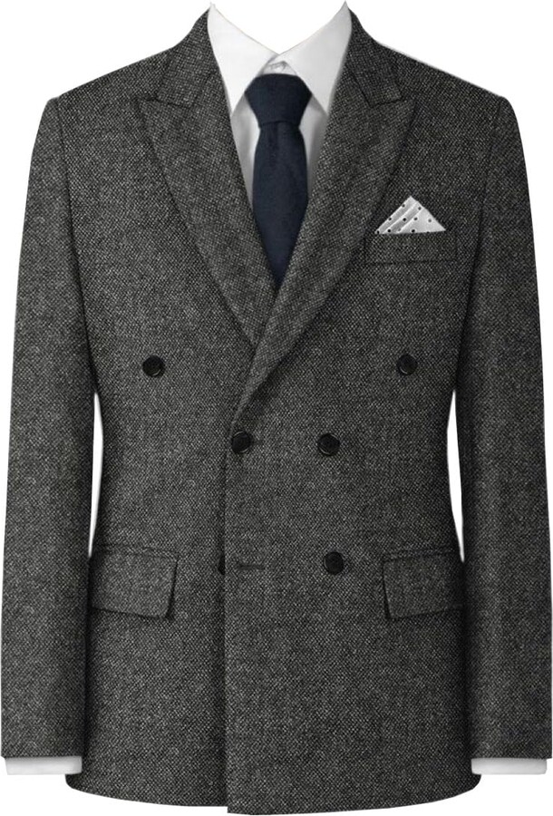 Manswier Mens Dark Grey Vintage Tweed Double Breasted Blazer Check