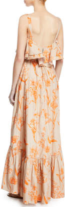 Johanna Ortiz Tropical Wave Ruffled Square-Neck Belted Floral-Print Poplin Maxi Dress