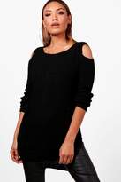 Thumbnail for your product : boohoo Soft Knit Cold Shoulder Distressed Tunic Jumper