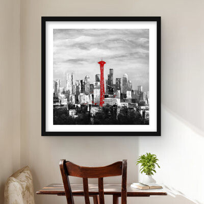 Lark Manor Space Needle in Red - White Framed Matted Print | Home Decor