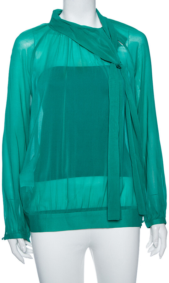 RED Valentino Teal Silk Topstitch Pleated Shoulder Detail Blouse M