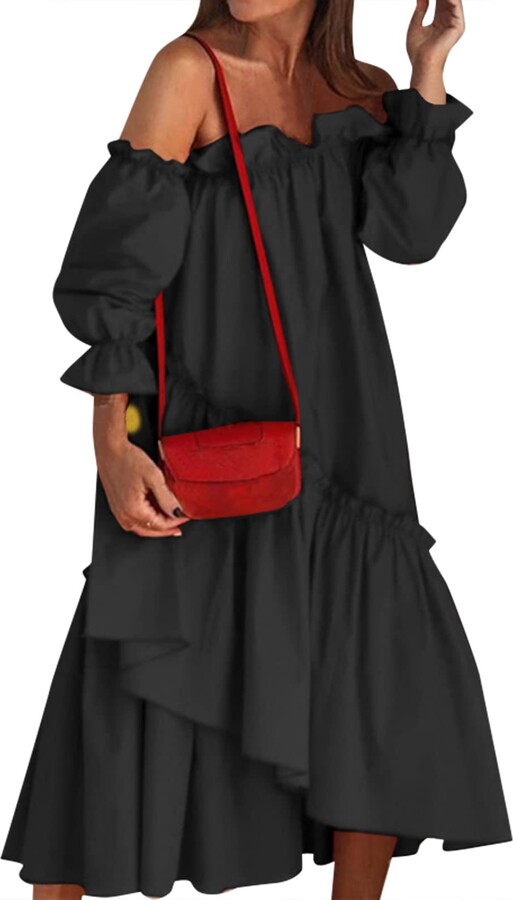 VONDA Women Cotton Summer Maxi Dress Off Shoulder Ruffled Beach Dress