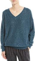 Thumbnail for your product : Brunello Cucinelli V-Neck Long-Sleeve Paillette Silk-Cashmere Sweater