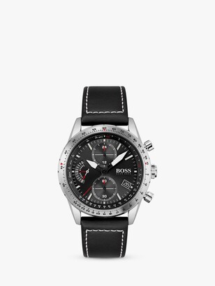 HUGO BOSS Men's Pilot Chronograph Date Leather Strap Watch, Black 1513853