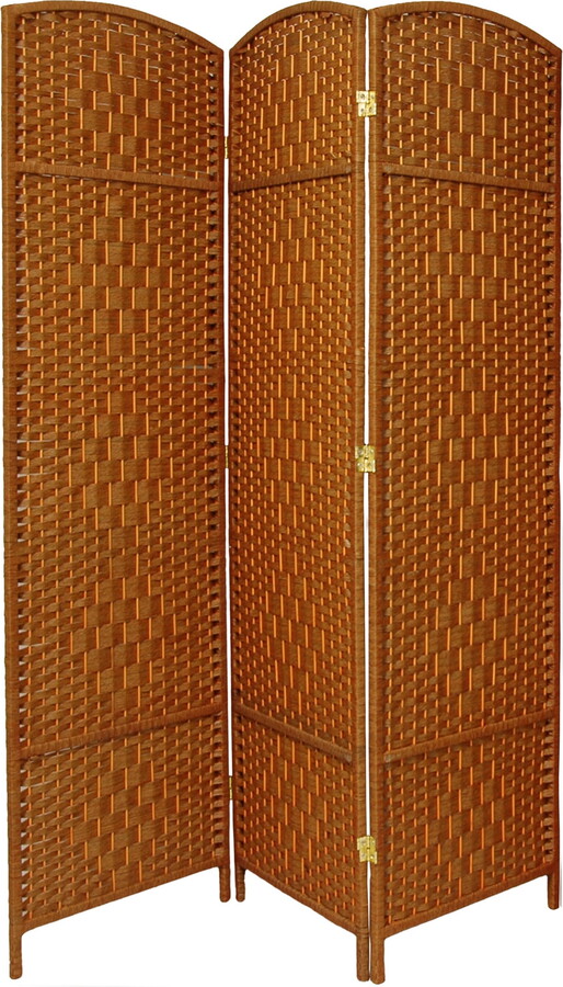 Oriental Furniture 7 ft. Tall Faux Rattan Fiber Diamond Weave Privacy Screen Room Divider - Dark Beige - 3 Panels