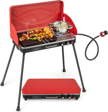 2-in-1 10,000 BTU Gas Stainless Steel Black and Red Outdoor Portable Camping Grill and Stove with 4 Detachable Legs