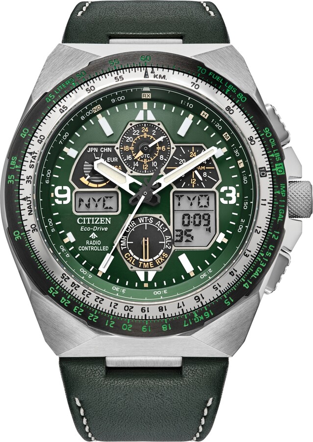 Citizen Eco-Drive Men's Chronograph Promaster Skyhawk Green Leather Strap Watch 46mm