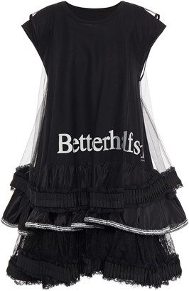 MM6 MAISON MARGIELA Layered Embellished Tulle, Satin, Chantilly Lace And Printed Cotton-jersey Mini Dress