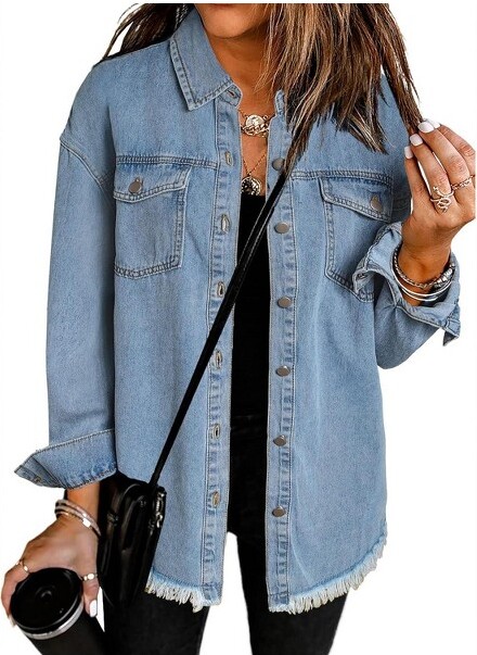 YesFashion WomensDenimShacketButtonFrontPocketDetailLongSleeveCasualJacketBlueS